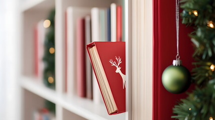 Red book with deer design and green ornament on a bookshelf