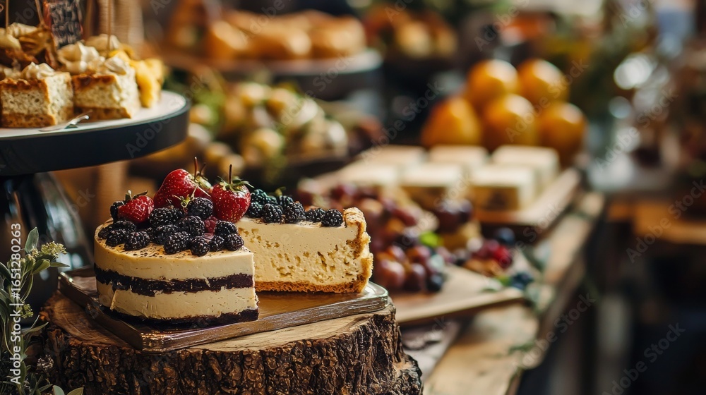 Poster assorted cakes and desserts on buffet table in bakery with cozy warm light and inviting presentation