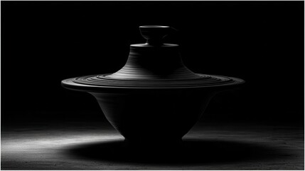 Dark, ceramic pot with intricate design.