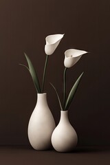 Two white calla lilies in simple white vases on dark background