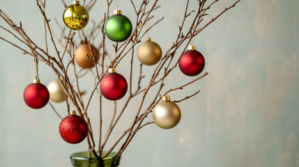 Decorative branches with red, green, and gold ornaments against a softly lit background
