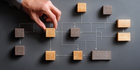 Creative mind mapping activity with colored blocks on a black surface in a well-lit workspace