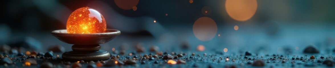 Antique scale balances fiery orb & glacial shard; ethereal glow , harmony, image