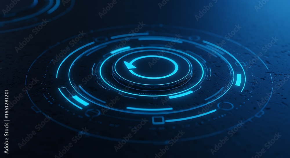 Poster futuristic circular interface with glowing blue elements on a dark textured surface