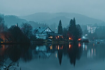Fototapeta premium Misty lake at twilight with a house