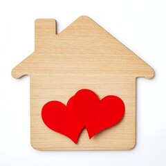 A charming wooden house silhouette adorned with two vibrant red hearts symbolizing love and home set against a clean white background for a heartwarming and romantic visual