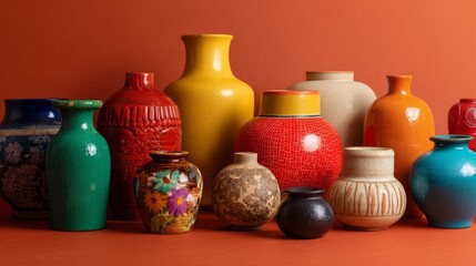 Colorful ceramic vases and jars arranged on orange background for artistic pottery and home decor photography composition