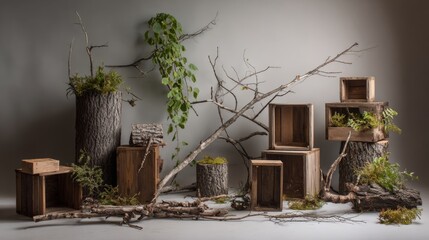 Nature inspired minimal display with wooden boxes, plants and branches arranged for organic interior decoration concept