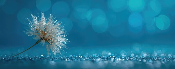 Delicate dandelion seed head, glistening with water droplets, on a teal background with sparkling glitter