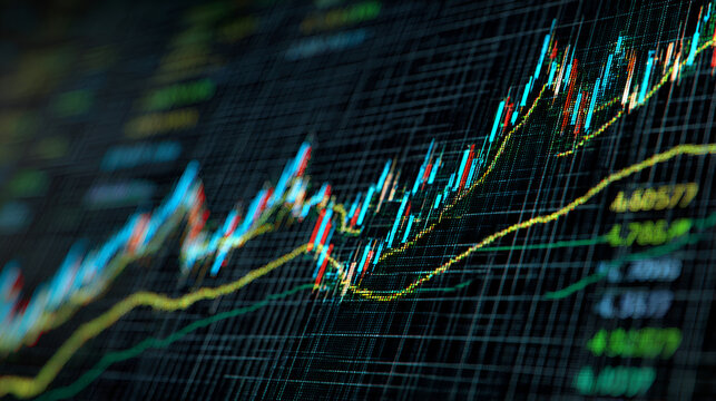 Dynamic Stock Market Data:  Candlestick Chart, Upward Trend,  Financial Growth, Technology Background.