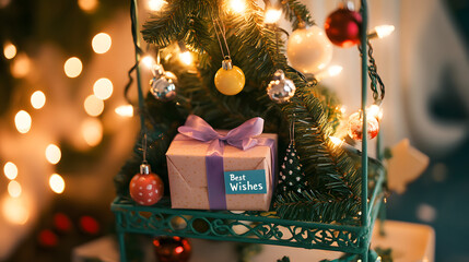Festive Christmas Gift Box with Purple Ribbon on a Decorated Tray