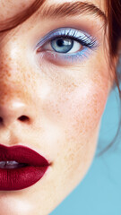 Obraz premium beauty close-up portrait, model with matte burgundy lipstick, icy blue eyeshadow