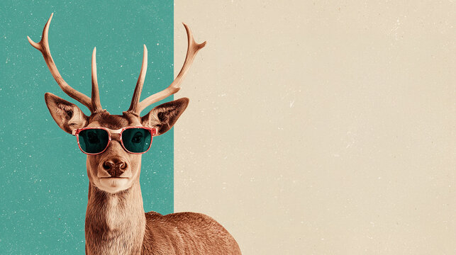 pop art inspired Christmas collage with reindeer wearing sunglasses
