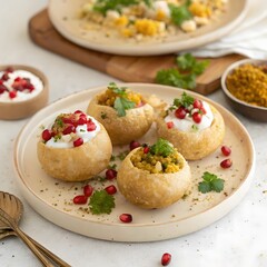 Fototapeta premium Delicious indian street food pani puri served on a plate isolated on white background