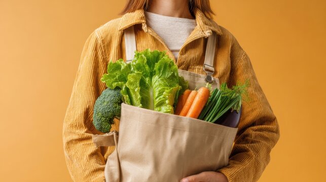Grocer holding fresh vegetables in a fabric bag against an orange background during midday