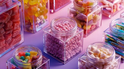 Colorful jars filled with candies and sweets for confectionery shop visual merchandising and bright product photography display arrangement