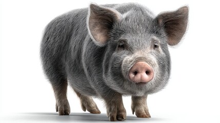 Cute gray pig standing and looking curiously with a friendly expression and fluffy fur in a well-lit setting