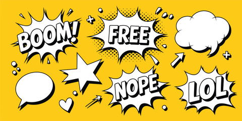 Comic-style speech bubbles with phrases like “BOOM!”, “FREE”, “NOPE”, and “LOL” on yellow background – pop-art design with blank shapes
