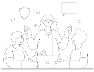 Flat Vector Line Art of a Confident Female Manager Leading a Team Discussion in an Office Setting With Happy Employees