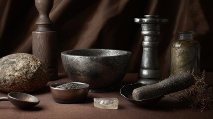 Mortar and pestle with herbs and spices on dark background for culinary traditional medicine photography and natural product branding design
