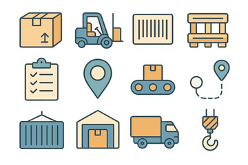 Colorful vector icons representing shipping and logistics activities