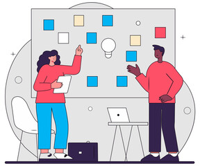 Flat Illustration Design of a Diverse Team of Employees Sharing Ideas Over a Glass Whiteboard