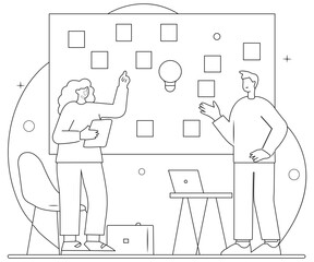Flat Illustration Line Art Design of a Diverse Team of Employees Sharing Ideas Over a Glass Whiteboard