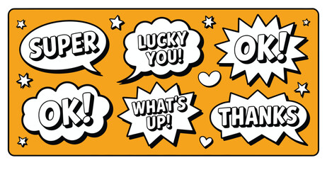 Fototapeta premium Comic-style speech bubbles with phrases like “SUPER”, “LUCKY YOU!”, “OK!”, and “WHAT’S UP!” on orange background with stars and hearts