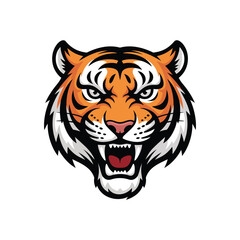 Aggressive tiger head illustration with blue eyes, open mouth, and sharp teeth – bold wildlife art symbolizing strength and bravery