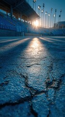 Sunrise casts long shadows on the track at the stadium during early morning training session
