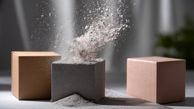 Minimal concrete blocks exploding with powder on grey background for modern construction material concept photography and creative branding visuals