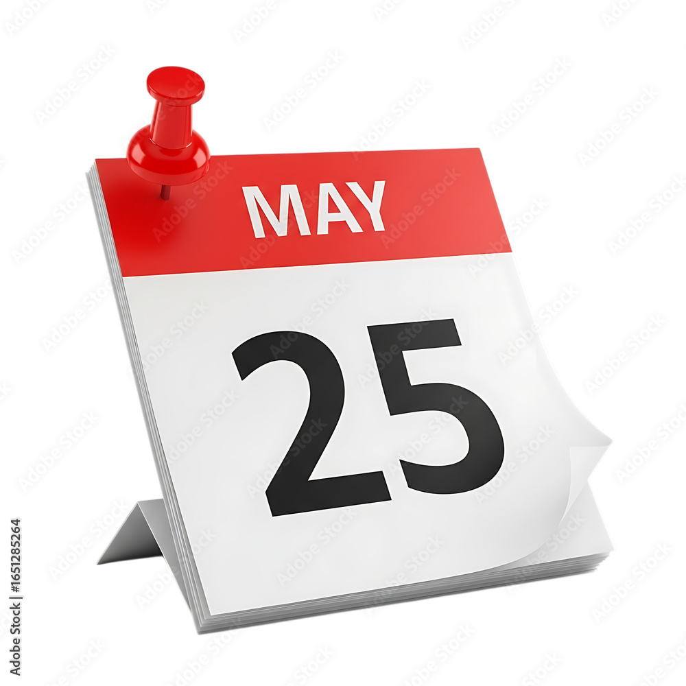 Poster may 25th calendar page with red pushpin isolated on transparent background for event reminder or pla