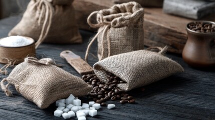 Sacks of coffee beans on rustic wooden table for organic beverage product photography and artisanal café branding visuals interior setup