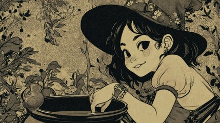 Young witch reaching for a cauldron in a vintage style illustration.