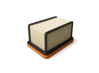 Rectangular paper air filter with black rubber seal and orange plastic base isolated on transparent background