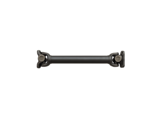 A dark gray metal driveshaft with universal joints at each end representing automotive or mechanical engineering components isolated on transparent background