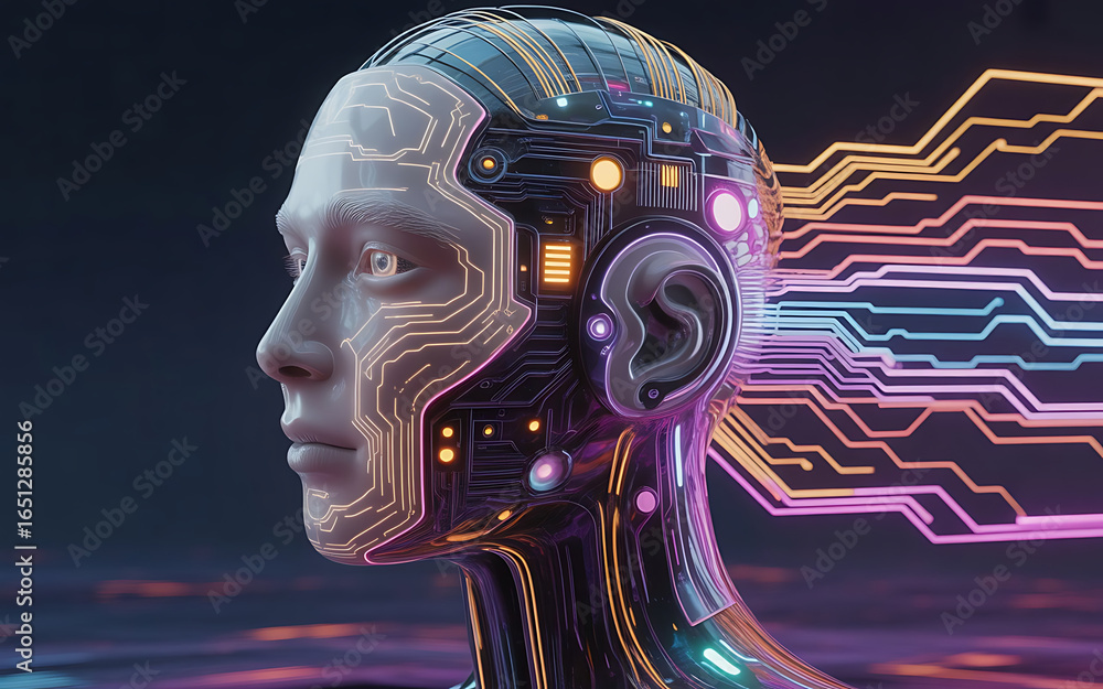Poster a stunning 3d rendering of an android or ai, with futuristic circuitry and glowing cybernetic elemen