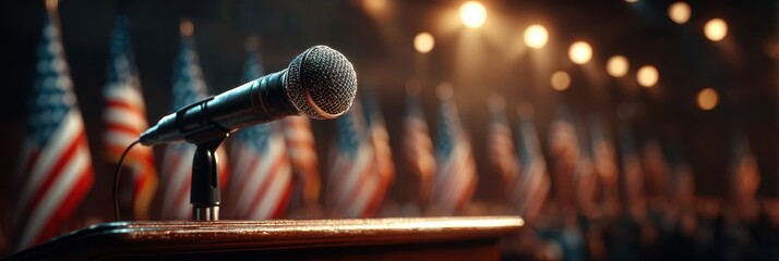 Microphone stands in front of American flags at a formal event, symbolizing patriotic gatherings and public speeches