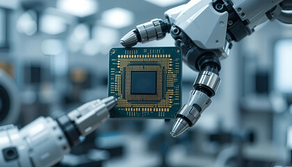 Close-up of a futuristic android robot hand holding a glowing blue microchip, with a human hand in the background, representing artificial intelligence, technology, data, innovation, and the future of