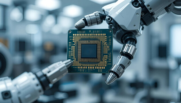 Close-up of a futuristic android robot hand holding a glowing blue microchip, with a human hand in the background, representing artificial intelligence, technology, data, innovation, and the future of - Powered by Adobe