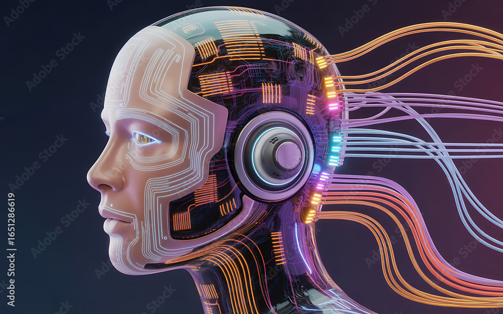 Poster caption: a stunning 3d rendering of an android or ai, with futuristic circuitry and glowing cybernet