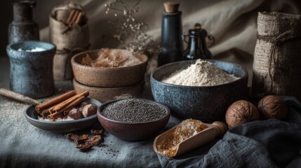 Fototapeta premium Grains and spices in wooden bowls on dark surface for kitchen photography and food product branding rustic culinary composition visual ingredients