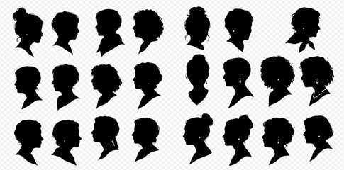 A diverse collection of black female head silhouettes in profile, featuring a variety of hairstyles and accessories.