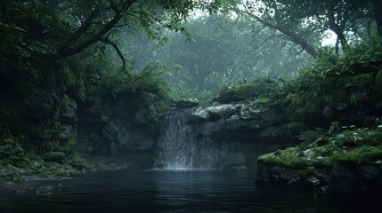 Obraz premium A tranquil waterfall cascading down mossy rocks in a lush forest.