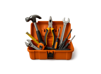 A collection of various hand tools including a hammer pliers screwdrivers and wrenches neatly arranged inside an open orange toolbox isolated on transparent background