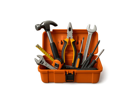 A collection of various hand tools including a hammer pliers screwdrivers and wrenches neatly arranged inside an open orange toolbox isolated on transparent background