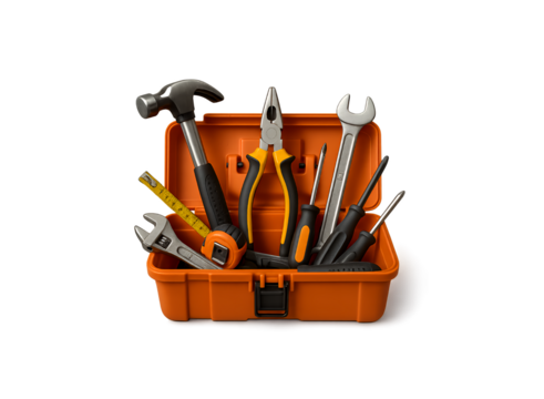 A collection of various hand tools including a hammer pliers screwdrivers and wrenches neatly arranged inside an open orange toolbox isolated on transparent background