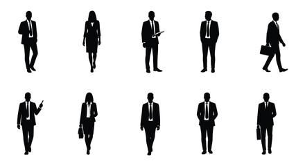 Ten Business Professionals Silhouettes Diverse Poses