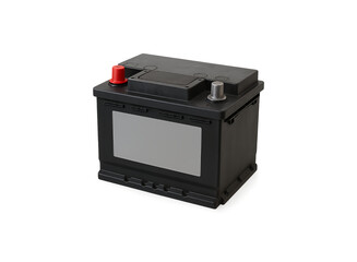 Fototapeta premium A black car battery with red and silver terminals and a blank label on its side isolated on transparent background