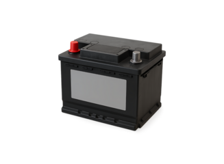 A black car battery with red and silver terminals and a blank label on its side isolated on transparent background